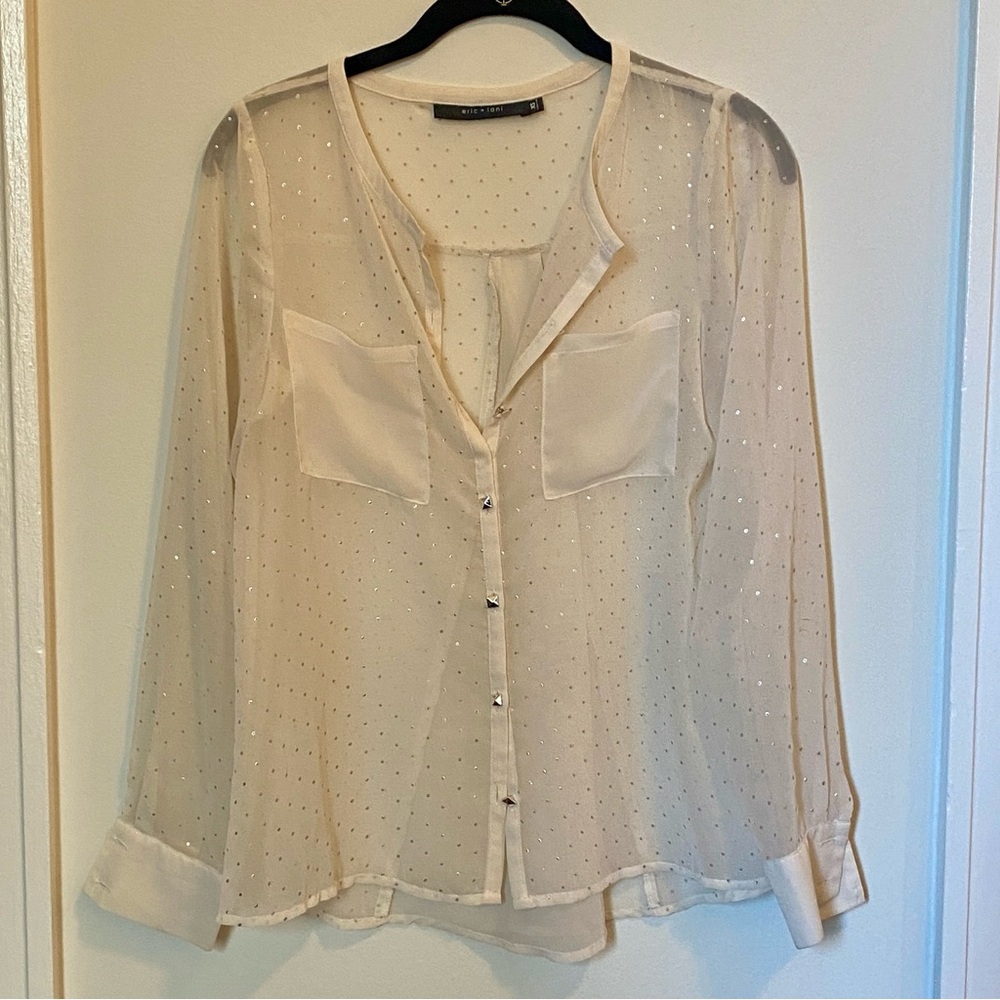 Sheer Cream and shimmery silver all over studs Button-Up Blouse